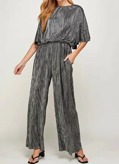See And Be Seen Metallic Pleats Jumpsuit In Black And Silver In Gray