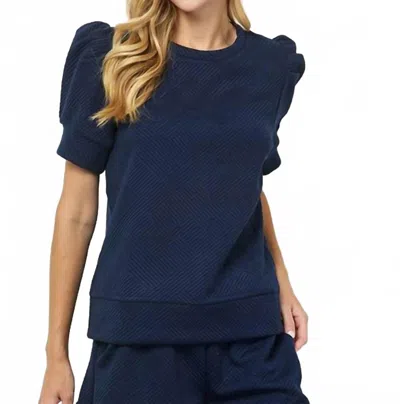 See And Be Seen Puff Sleeve Textured Lounge Set In Navy Blue