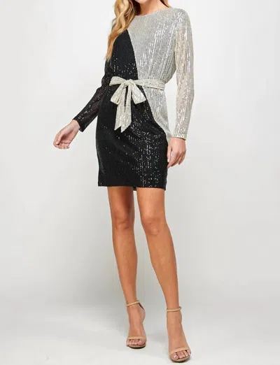 See And Be Seen Sequin Color Blocked Long Sleeve Dress With Sash In Black And Silver In Multi