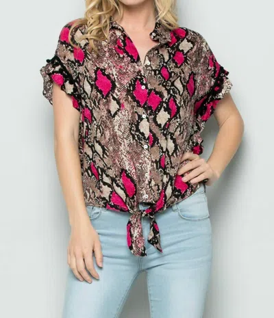 See And Be Seen Snake Skin Front Tie Top In Pink In Multi