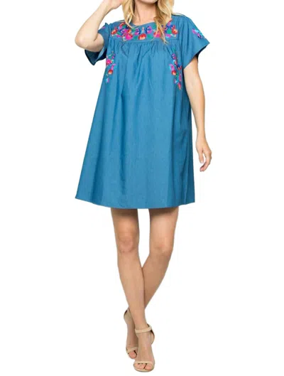 See And Be Seen Take It Easy Embroidered Dress In Chambray In Blue