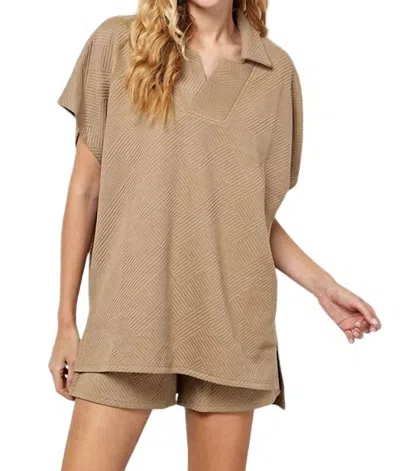 See And Be Seen Texture Collar Drop Shoulder Top In Tan In Gray