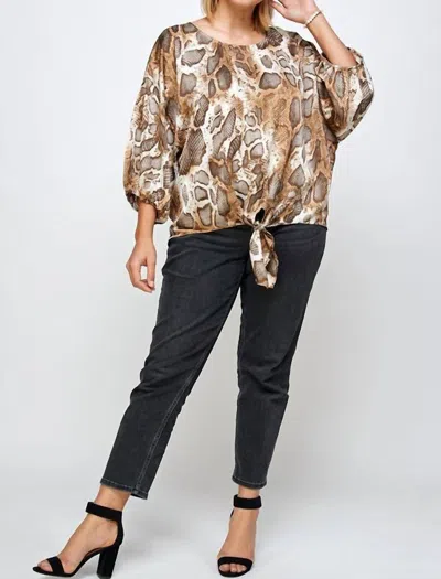 See And Be Seen Tie Front Blouse Plus In Brown Animal Print In Gold