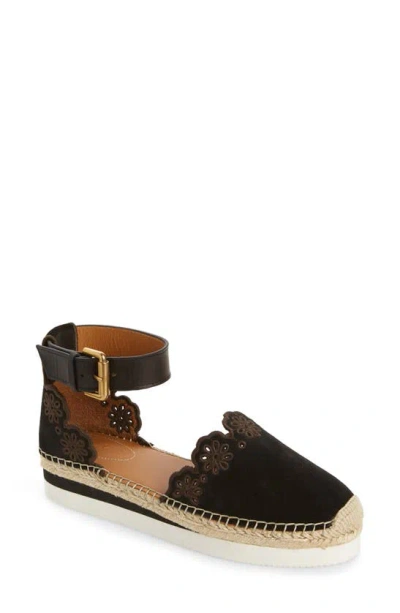 See By Chloé Ankle Strap Espadrille Platform Wedge Sandal In Nero Calf