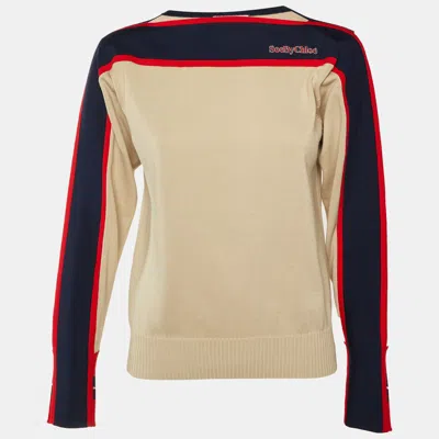 Pre-owned See By Chloé Beige Striped Cotton Knit Sweater Xs In Sand