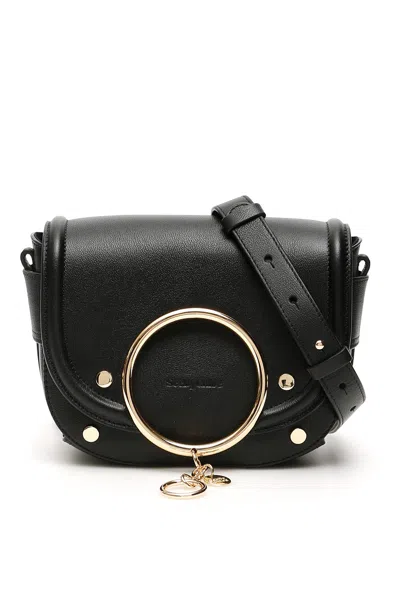 See By Chloé Black Grain Leather Shoulder Bag With Large Ring And Logo Charm