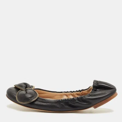 Pre-owned See By Chloé Black Leather Scrunch Bow Ballet Flats Size 41