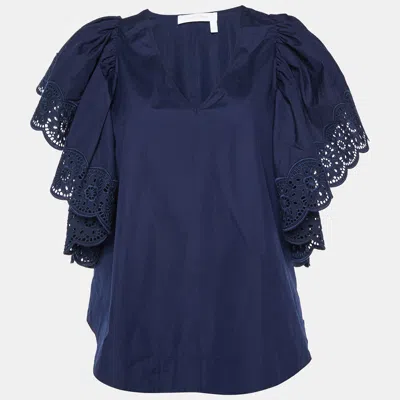 Pre-owned See By Chloé Blue Cotton Lace Trim Flared Sleeves Top S In Navy Blue