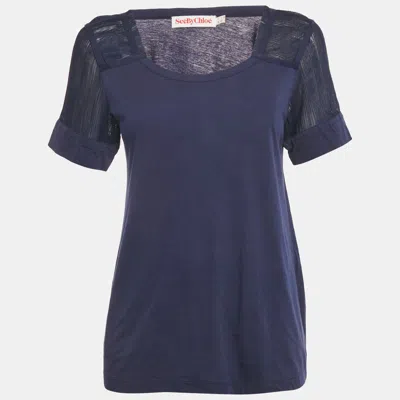 Pre-owned See By Chloé Blue Jersey Tulle Trim Top S