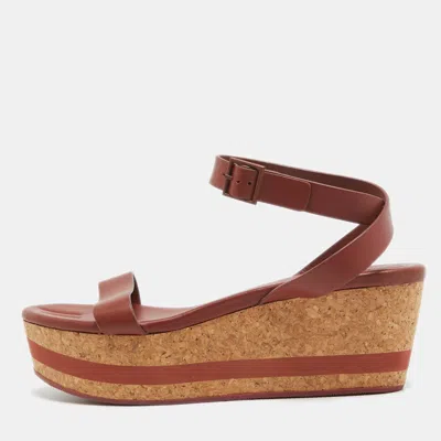 Pre-owned See By Chloé Brown Leather Cork Wedge Platform Ankle Strap Sandals Size 39.5