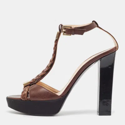 Pre-owned See By Chloé Brown/black Canvas And Leather Ankle Strap Sandals Size 38