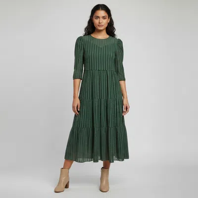 Pre-owned See By Chloé Deep Green Striped Textured Cotton Tiered Midi Dress S