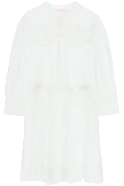 See By Chloé Embroidered Mini Shirt Dress In Black With Three-quarter Sleeves And Waist Tie For Women