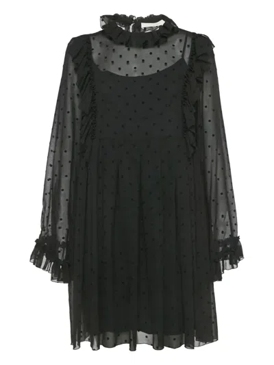 Pre-owned See By Chloé Flocked-spot Chiffon Dress In Black