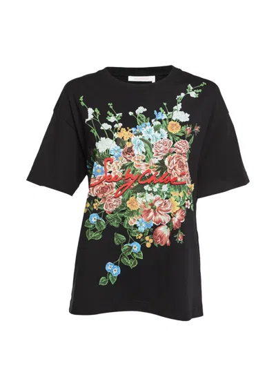 Pre-owned See By Chloé Floral-print T-shirt In Black