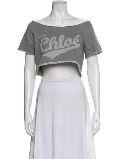 Pre-owned See By Chloé Graphic Print Off-the-shoulder Crop Top In Gray