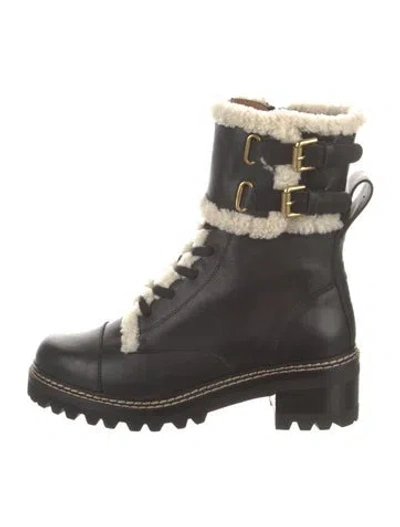 Pre-owned See By Chloé Leather Fur Trim Combat Boots In Black