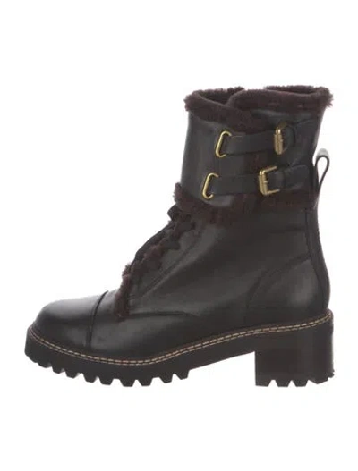 Pre-owned See By Chloé Leather Fur Trim Combat Boots In Black