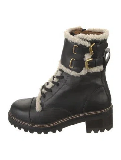 Pre-owned See By Chloé Leather Fur Trim Combat Boots In Black