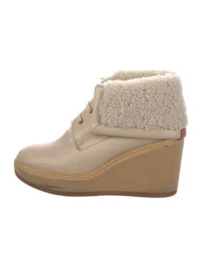 Pre-owned See By Chloé Leather Fur Trim Lace-up Boots In Neutral