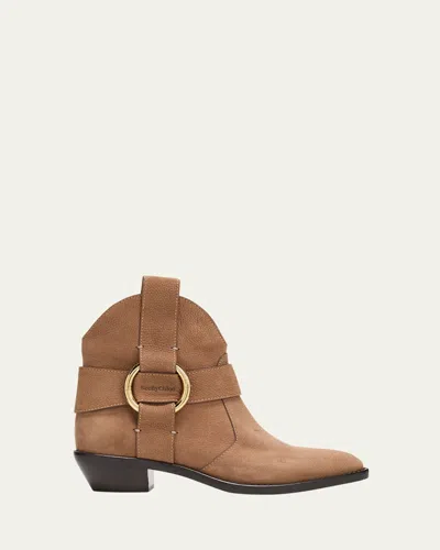 See By Chloé Leather Ring Harness Ankle Booties In Dark Beige