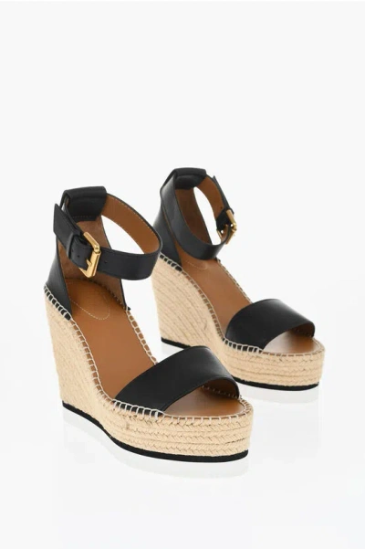 See By Chloé Leather Sandals Espadrillas Wedge 12 Cm In Black