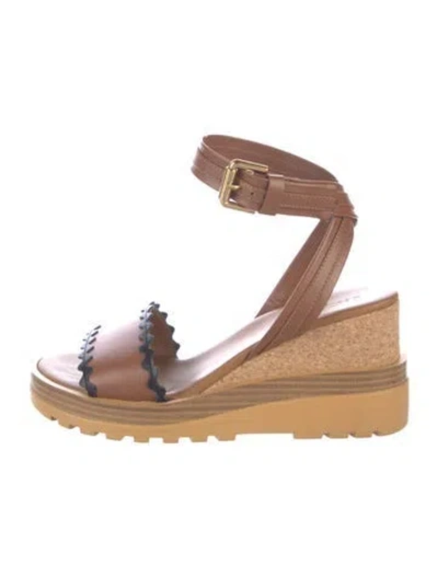 Pre-owned See By Chloé Leather Scalloped Accent Espadrilles In Brown