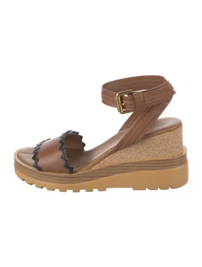 Pre-owned See By Chloé Leather Scalloped Accent Espadrilles In Brown