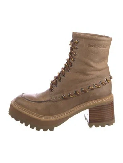 Pre-owned See By Chloé Leather Whipstitch Trim Combat Boots In Brown