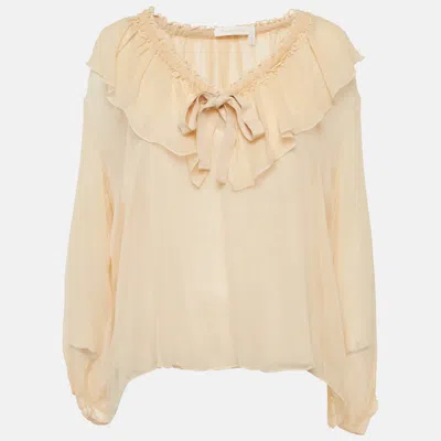 Pre-owned See By Chloé Light Orange/peach Chiffon Ruffled Blouse M