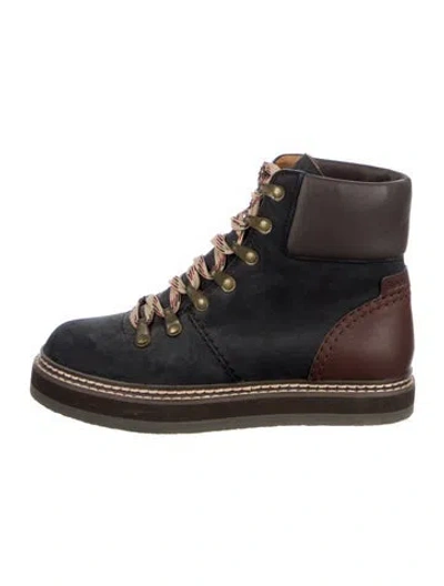 Pre-owned See By Chloé Nubuck Colorblock Pattern Combat Boots In Black