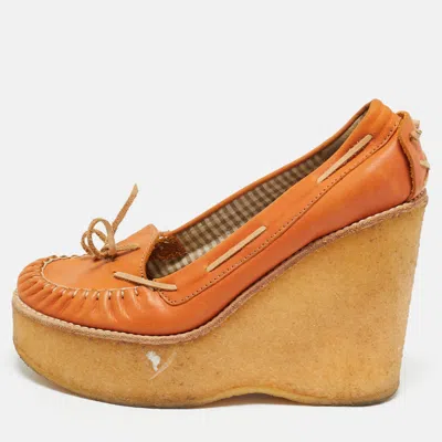 Pre-owned See By Chloé Orange Leather Wedge Loafer Pumps Size 37