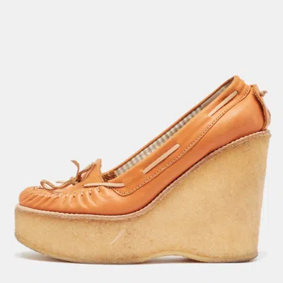 Pre-owned See By Chloé Orange Leather Wedge Loafers Pumps Size 37