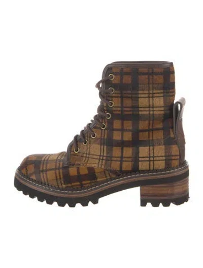 Pre-owned See By Chloé Ponyhair Plaid Print Lace-up Boots In Brown