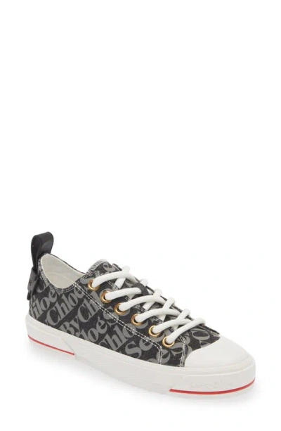 See By Chloé Printed Canvas Low Top Sneaker In 999 Nero Logo Grigio