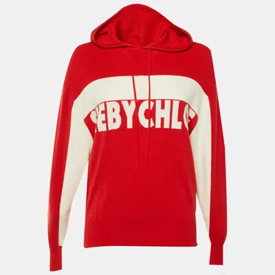 Pre-owned See By Chloé Red Logo Intarsia Knit Hooded Sweater S