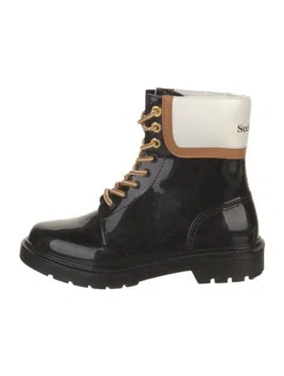 Pre-owned See By Chloé Rubber Colorblock Pattern Rain Boots In Black