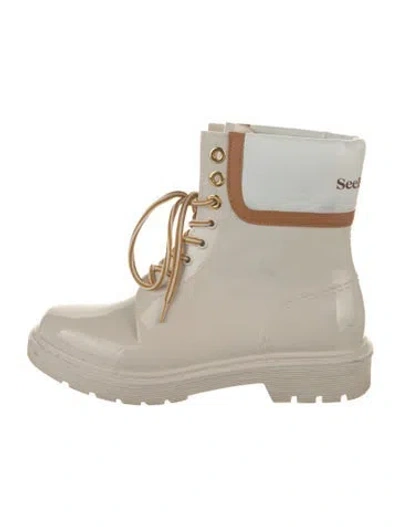Pre-owned See By Chloé Rubber Colorblock Pattern Rain Boots In White