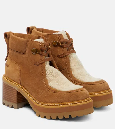 See By Chloé Shearling-trimmed Suede Ankle Boots In Brown