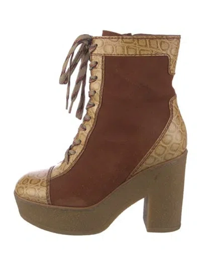 Pre-owned See By Chloé Suede Animal Print Lace-up Boots In Brown