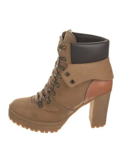 Pre-owned See By Chloé Suede Colorblock Pattern Combat Boots In Neutral