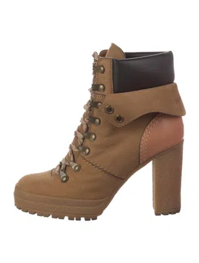 Pre-owned See By Chloé Suede Colorblock Pattern Lace-up Boots In Brown
