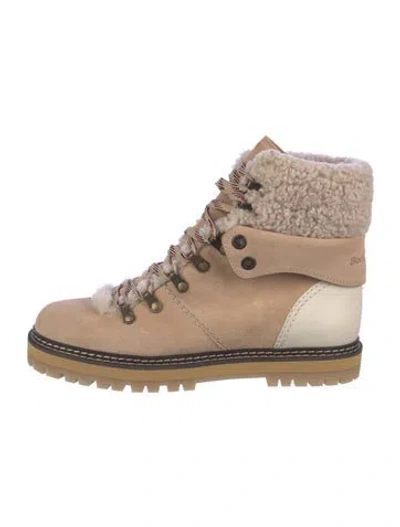 Pre-owned See By Chloé Suede Colorblock Pattern Lace-up Boots In Neutral