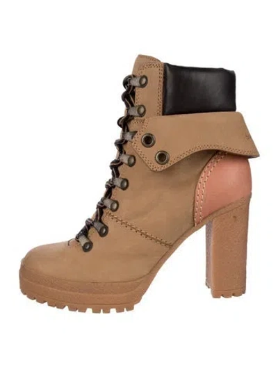 Pre-owned See By Chloé Suede Colorblock Pattern Lace-up Boots In Neutral