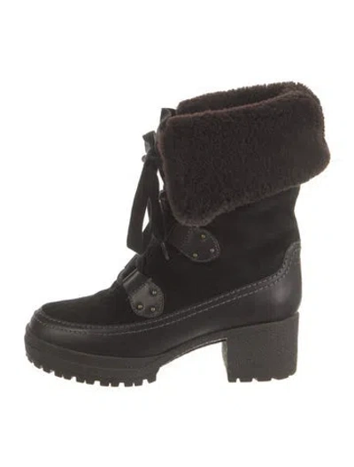 Pre-owned See By Chloé Suede Faux Fur Trim Lace-up Boots In Black