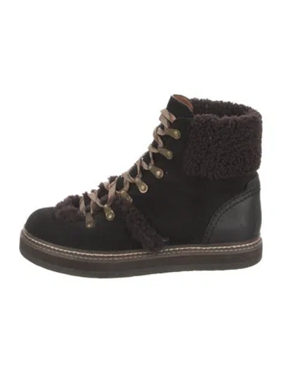 Pre-owned See By Chloé Suede Fur Trim Combat Boots In Black