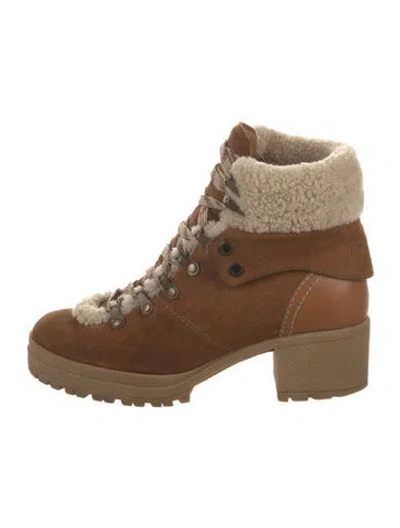 Pre-owned See By Chloé Suede Fur Trim Combat Boots In Brown