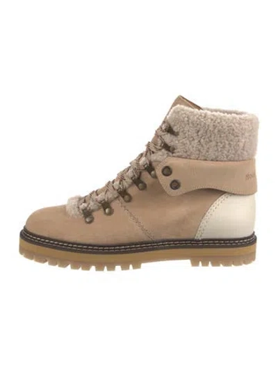 Pre-owned See By Chloé Suede Fur Trim Hiking Boots In Brown