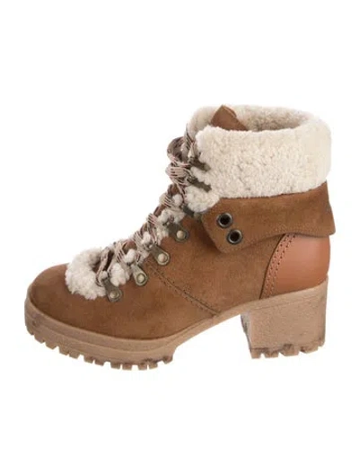 Pre-owned See By Chloé Suede Fur Trim Hiking Boots In Brown/neutrals