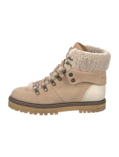 Pre-owned See By Chloé Suede Fur Trim Hiking Boots In Brown/neutrals